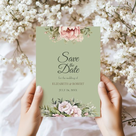 Elegant Sage Green Peony Floral Save the Date Card Einladung
