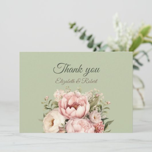 Elegant Sage Green Peony Floral Thank You Card Dankeskarte (Stehend Vorderseite)