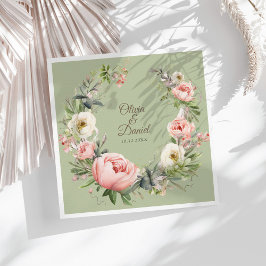 Elegant Sage Green Peony Floral Wedding Napkin Serviette