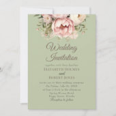 Elegant Sage Green Peony Wedding Invitation Einladung (Vorderseite)