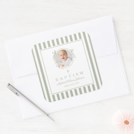 Elegant Sage Green Photo Baptism Quadratischer Aufkleber
