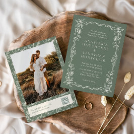 Elegant Sage Green Photo QR Code Vintage Wedding Einladung