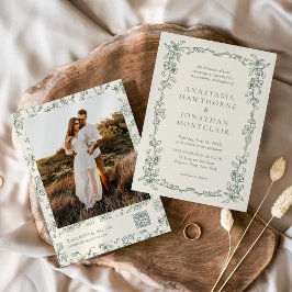 Elegant Sage Green Photo QR Code Vintage Wedding Einladung