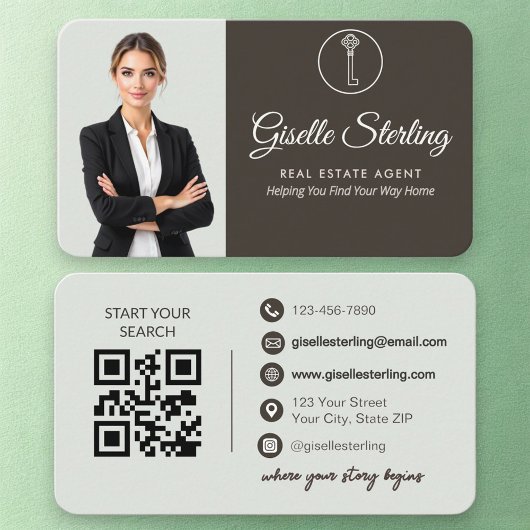 Elegant Sage Green Photo Real Estate Agent QR Code Visitenkarte
