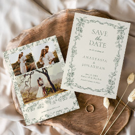 Elegant Sage Green Photo Vintage Wedding Save The Date
