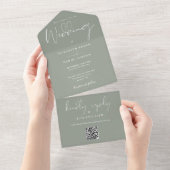 Elegant Sage Green QR Code Monogram Wedding All In One Einladung (Abreißen)