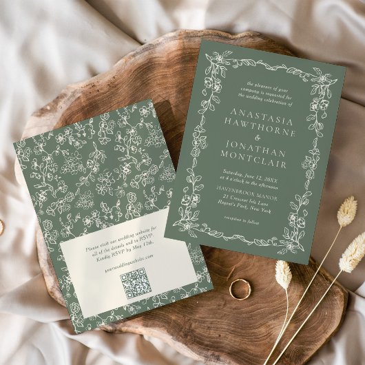 Elegant Sage Green QR Code RSVP Victorian Wedding Einladung