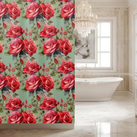 Elegant Sage Green Red Roses Shower Curtain Duschvorhang