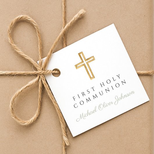 Elegant Sage Green Religious Boy First Communion Geschenkanhänger