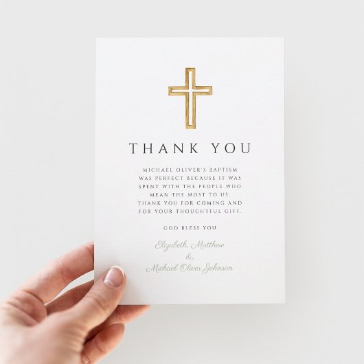 Elegant Sage Green Religious Cross Baptism Dankeskarte
