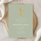 Elegant Sage Green Religious Cross Baptism Einladung