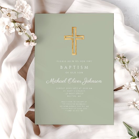 Elegant Sage Green Religious Cross Baptism Einladung