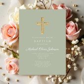 Elegant Sage Green Religious Cross Baptism Einladung
