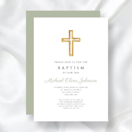 Elegant Sage Green Religious Cross Baptism Einladung