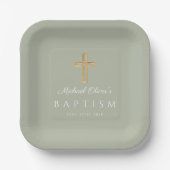 Elegant Sage Green Religious Cross Baptism Pappteller (Vorderseite)