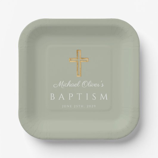 Elegant Sage Green Religious Cross Baptism Pappteller (Vorderseite)