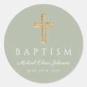 Elegant Sage Green Religious Cross Baptism Runder Aufkleber (Vorderseite)