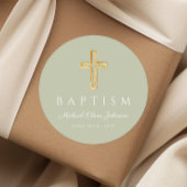 Elegant Sage Green Religious Cross Baptism Runder Aufkleber