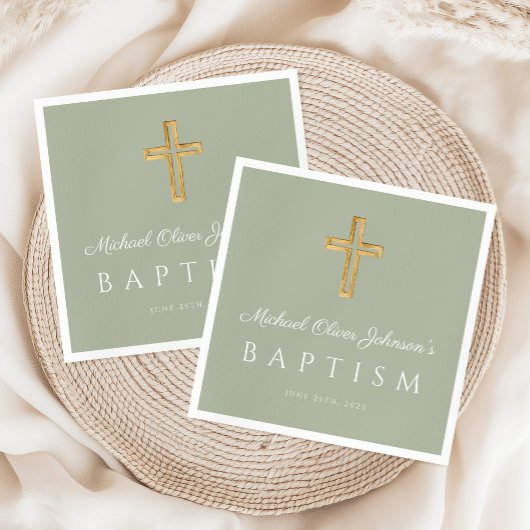 Elegant Sage Green Religious Cross Baptism Serviette