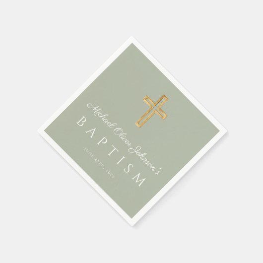 Elegant Sage Green Religious Cross Baptism Serviette (Ecke)
