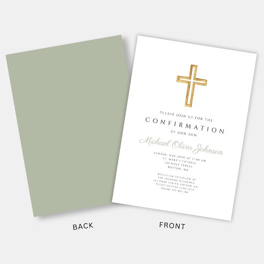 Elegant Sage Green Religious Cross Bestätigung Einladung