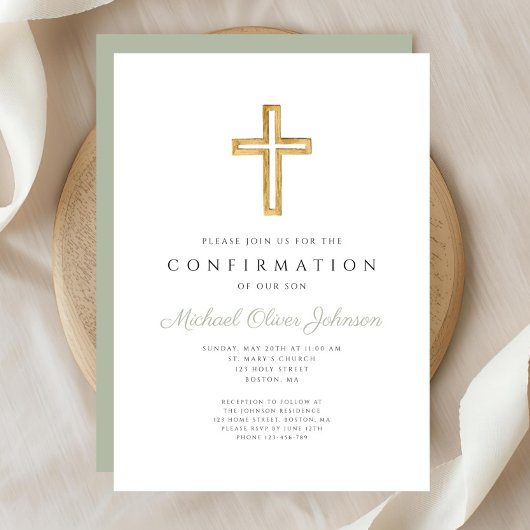 Elegant Sage Green Religious Cross Bestätigung Einladung