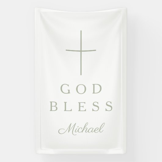 Elegant Sage Green Religious Cross Boy God Bless Banner (Vertikal)
