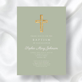 Elegant Sage Green Religious Cross Girl Baptism Einladung
