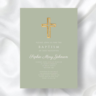 Elegant Sage Green Religious Cross Girl Baptism Einladung
