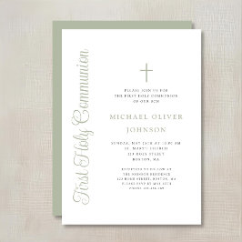 Elegant Sage Green Script Boy First Communion Einladung