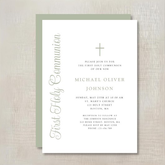 Elegant Sage Green Script Boy First Communion Einladung