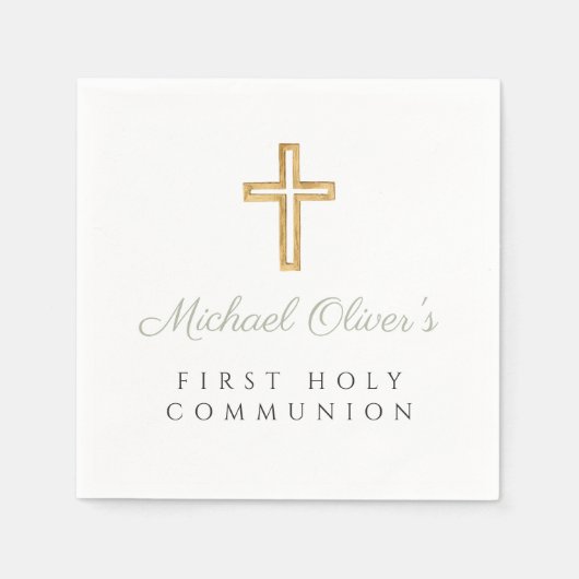 Elegant Sage Green Script Cross Erste Kommunion Serviette (Vorderseite)