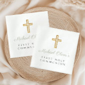 Elegant Sage Green Script Cross Erste Kommunion Serviette