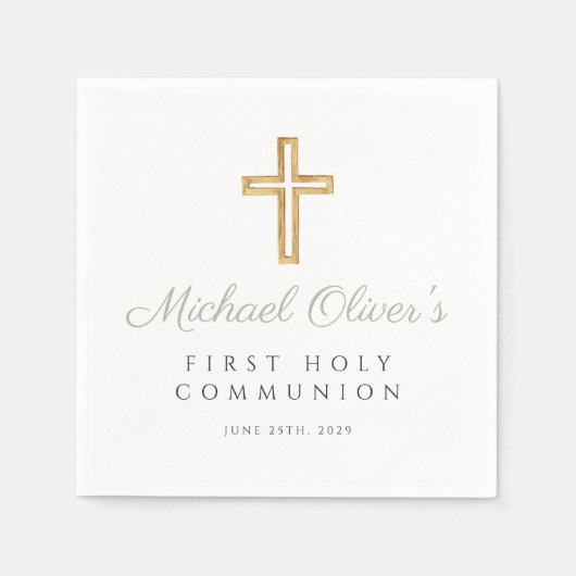 Elegant Sage Green Script Cross Erste Kommunion Serviette (Vorderseite)