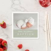 Elegant Sage Green Script Foto Taufe Serviette (Beispiel)
