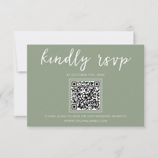 Elegant Sage Green Script QR Code Wedding Website RSVP Karte (Vorderseite)