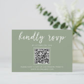 Elegant Sage Green Script QR Code Wedding Website RSVP Karte (Stehend Vorderseite)