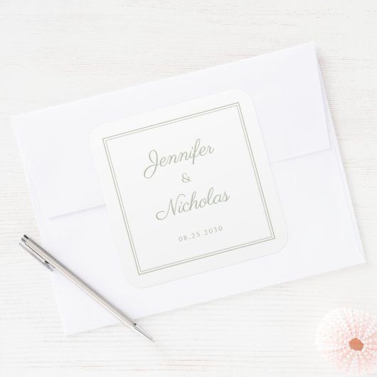 Elegant Sage Green Script Wedding Quadratischer Aufkleber (Umschlag)