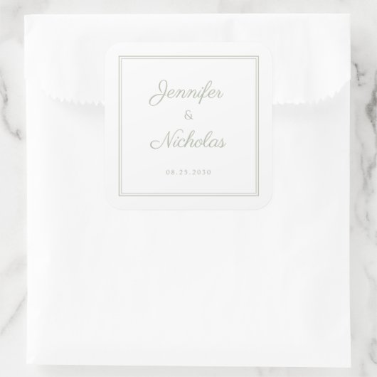 Elegant Sage Green Script Wedding Quadratischer Aufkleber (Tasche)