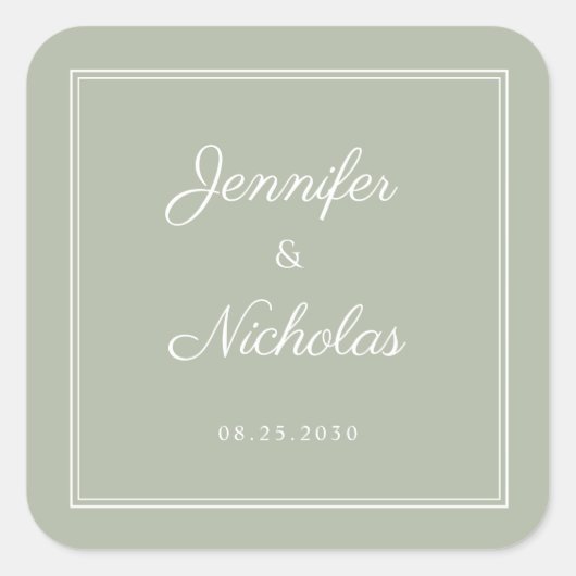 Elegant Sage Green Script Wedding Quadratischer Aufkleber (Vorderseite)