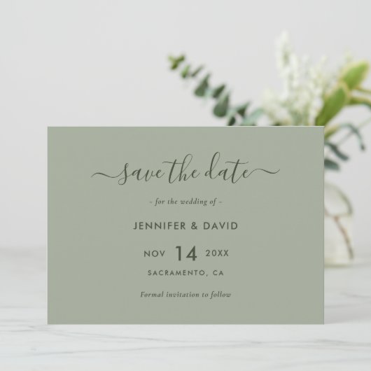 Elegant Sage Green Script Wedding Save The Date (Stehend Vorderseite)