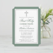 Elegant Sage Green Silver First Holy Communion Einladung (Stehend Vorderseite)