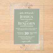Elegant Sage Green & Silver Stylish Text Wedding Acryleinladungen (Vorderseite)