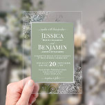 Elegant Sage Green & Silver Stylish Text Wedding Acryleinladungen<br><div class="desc">Invite your loved ones to share in your joy on your wedding day with these gorgeous acrylic invitations. The stylish sage green & silver design features your names prominently displayed in block letters while the introduction and other notes feature fancy script calligraphy with swashes on the ends of the letters....</div>