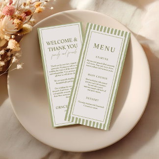 Elegant Sage Green Stripe Menu and Thank You Card Menükarte