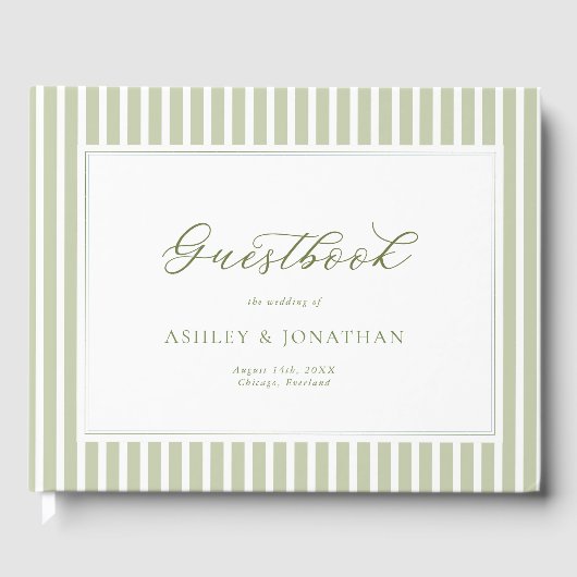 Elegant Sage Green Striped Wedding Gästebuch (Vorderseite)