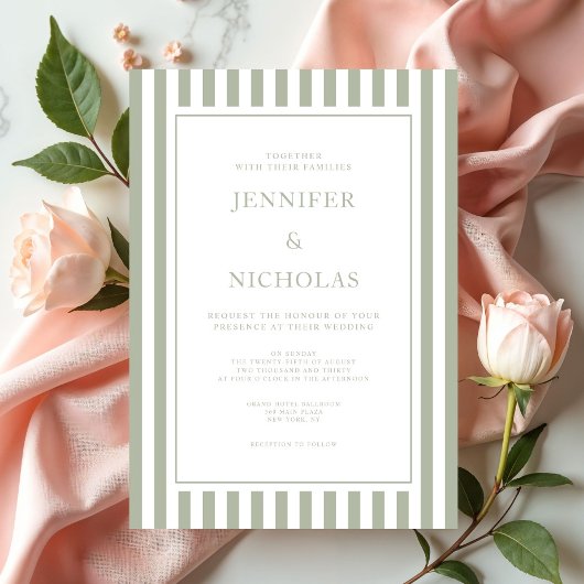 Elegant Sage Green Stripes Wedding Einladung