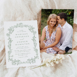 Elegant Sage Green Victorian Floral Photo Wedding Einladung