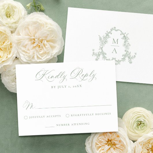 Elegant Sage Green Victorian Floral Wedding RSVP Karte
