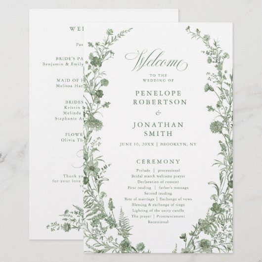 Elegant Sage Green Vintage Floral Wedding Program (Vorne/Hinten)